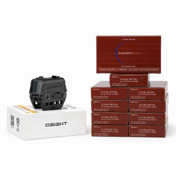 Osight R 2 MOA Dot/65 MOA Circle Multi-Reticle Rifle Optic + AmmoDyn 7.62x51mm NATO 149gr(FMJ) Brass 200ct