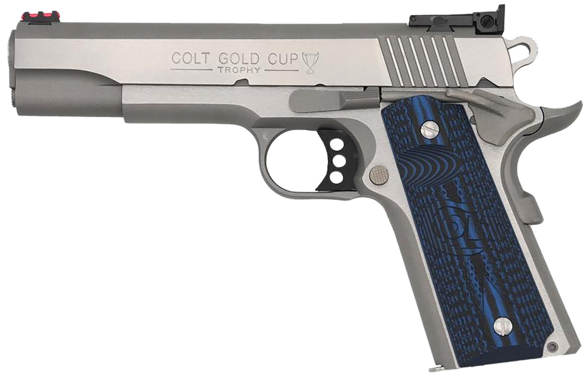 Colt Mfg O5073GCL Gold Cup Lite 38 Super 8+1 5" Stainless National Match Barrel, Stainless Steel Serrated Slide, Stainless Steel Frame w/Beavertail, Blue Scalloped G10 Grip, Ambidextrous