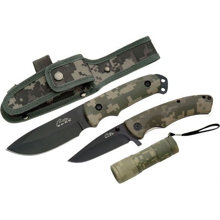 SZCO Hunting Combo Knife Set Digital Camo Pattern with Sheath and Flashlight