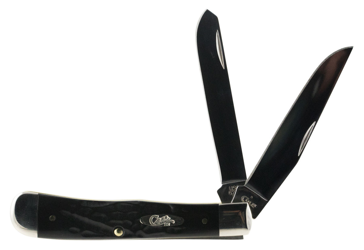 Case 18221 Trapper 3.25"/3.27" Folding Knife Clip Point/Spey Plain Mirror Polished SS Blades, Black Jigged Synthetic Handle