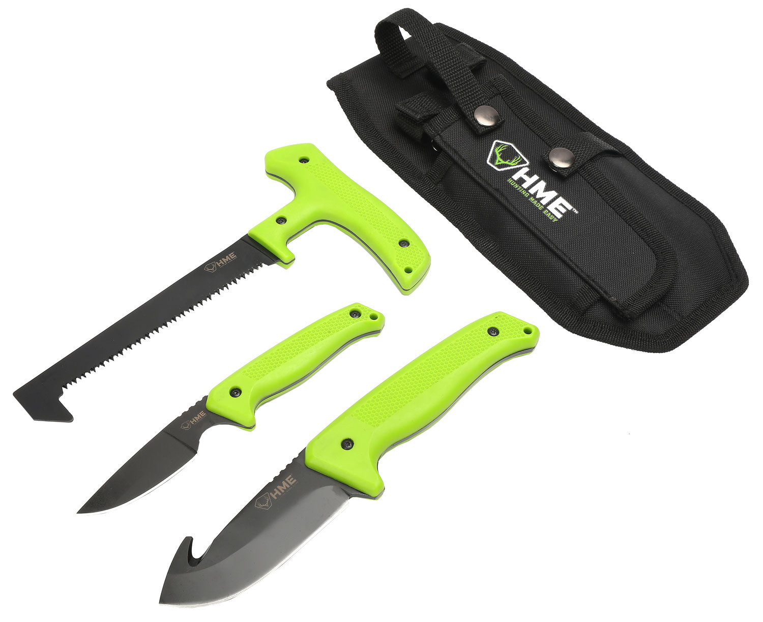 HME KN3PFK Field Dress Kit Fixed Blade 420HC SS Black Oxide Green TPR Handle 9.50" Gut Hook 8.75" Saw 7.50" Caper