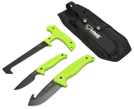 HME KN3PFK Field Dress Kit Fixed Blade 420HC SS Black Oxide Green TPR Handle 9.50" Gut Hook 8.75" Saw 7.50" Caper