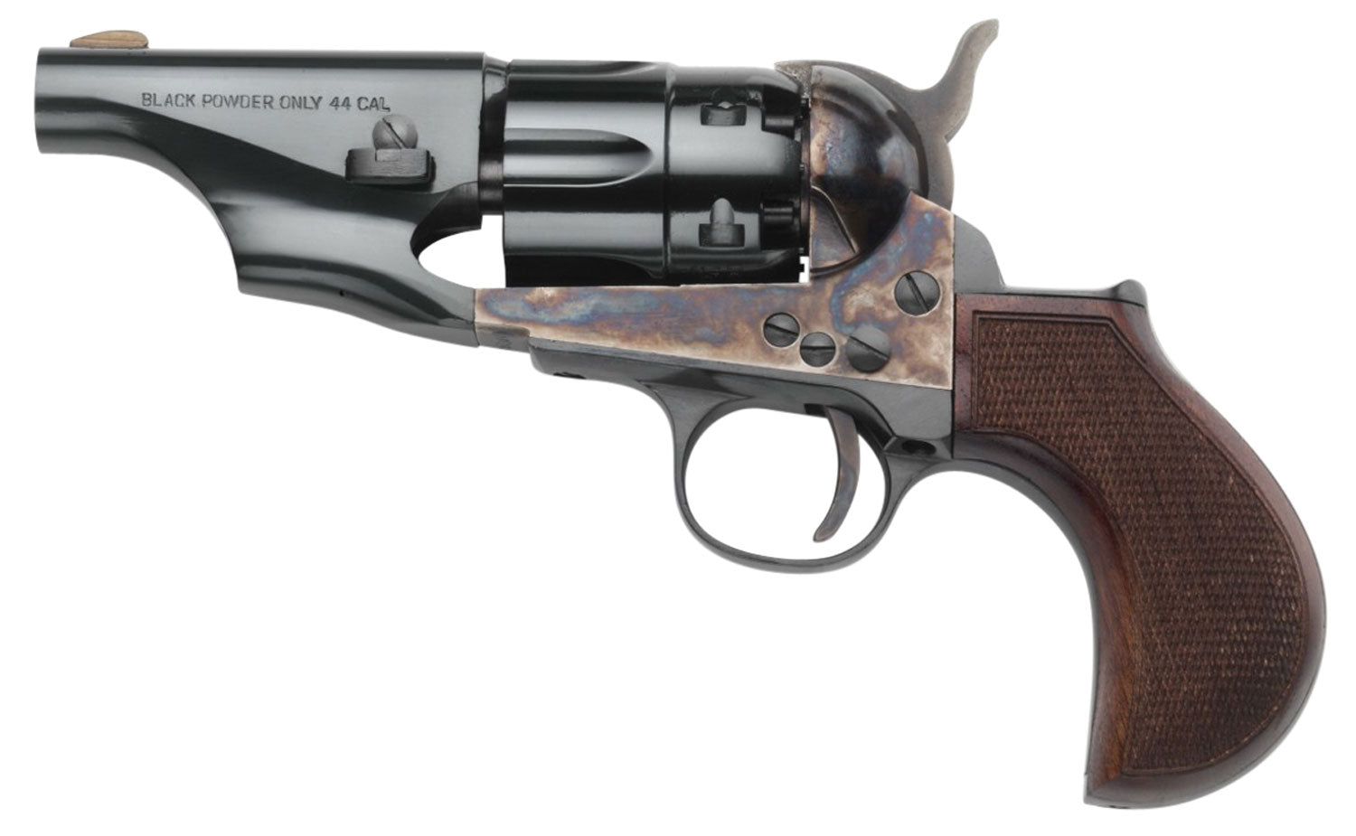 Taylors & Company 200017 1860 Army Snub Nose Pietta 44 Cal 6 Shot Percussion 3" Blued Round Barrel, Blued Cylinder, Color Case Hardened Steel Frame, Checkered Walnut Birdshead Grip