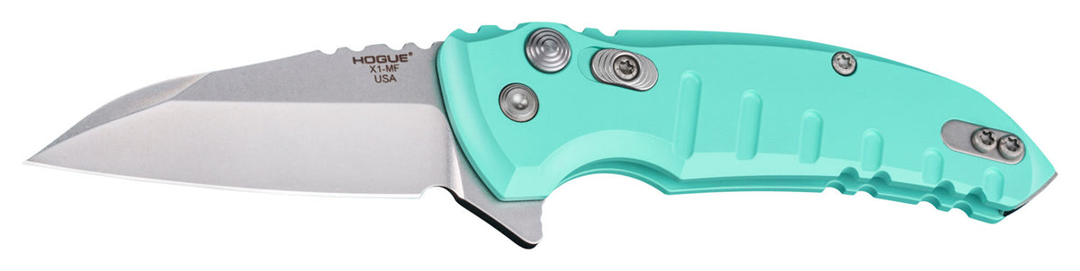 Hogue X1 MicroFlip Button Lock Folder 2.75" Wharncliffe Plain Blade, Tumble Polish 154CM SS, Aquamarine Anodized Handle
