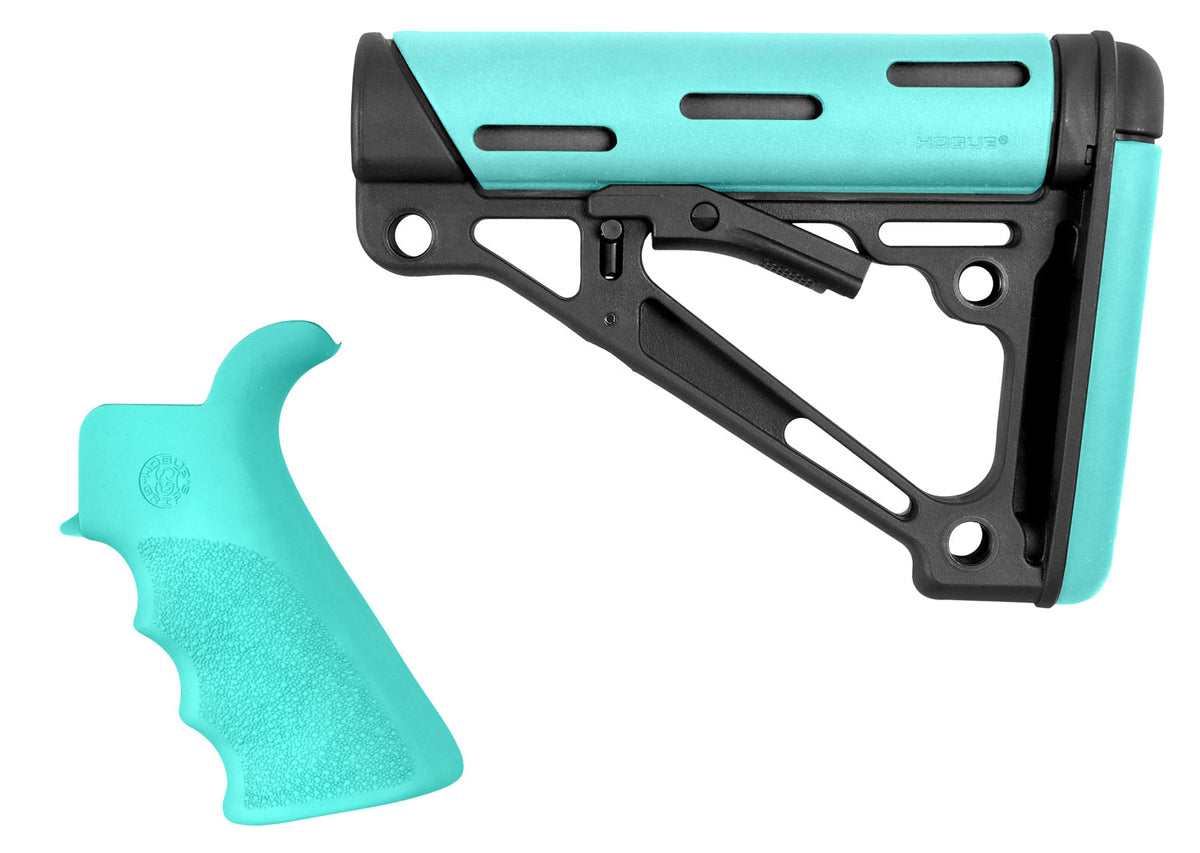 Hogue OverMolded AR15 2-Piece Kit Collapsible Stock & Finger Groove Grip, Aqua/Black