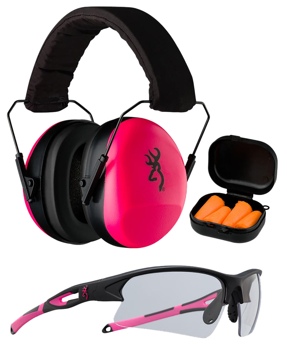 Browning Range Kit Polycarbonate Glasses with Earmuffs and Foam Earplugs 27 dB Pink/Black Women