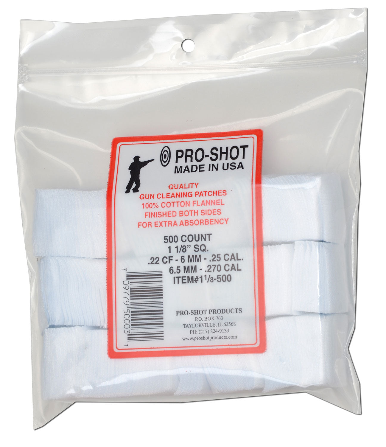Pro-Shot 500-Pack Cotton Flannel Cleaning Patches .22 to .270 Caliber 1.125" Square