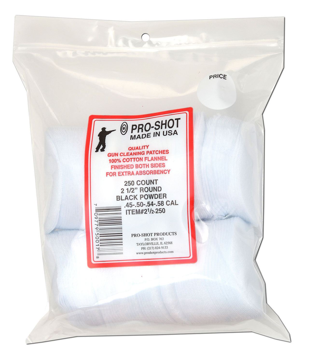Pro-Shot 250-Pack 2.5" Round Cotton Flannel Cleaning Patches .45-.58 Caliber