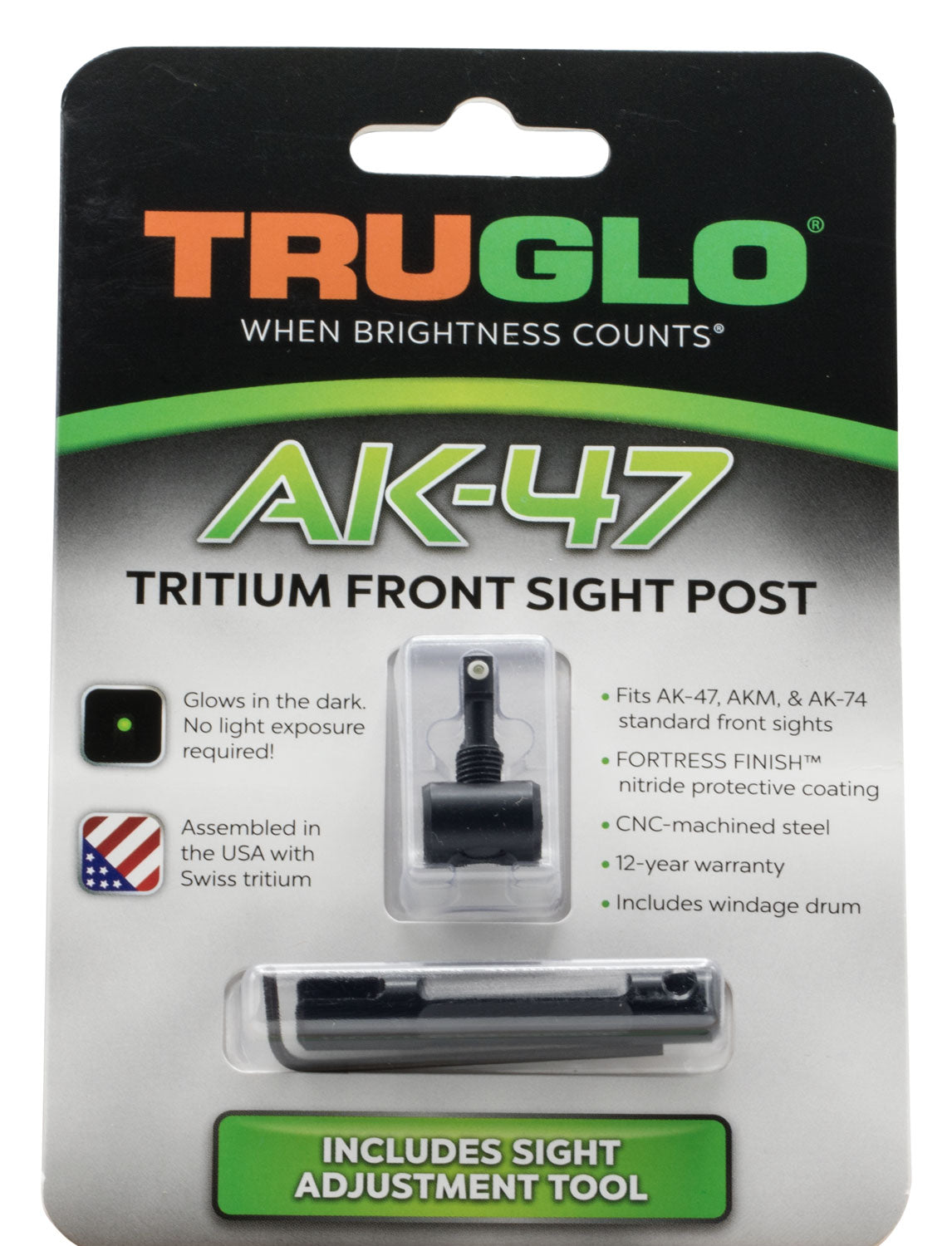 TruGlo TG231AK1 AK-47 AKM AK-74 Tritium Front Sight Post Green with White Outline Black