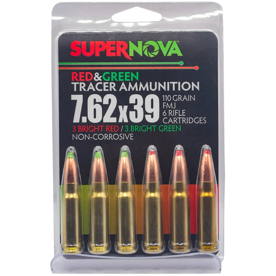 Supernova Tracer Rifle Ammunition 7.62x39 110 gr. FMJ Green & Red Tracer 6 rd. 1600 FPS