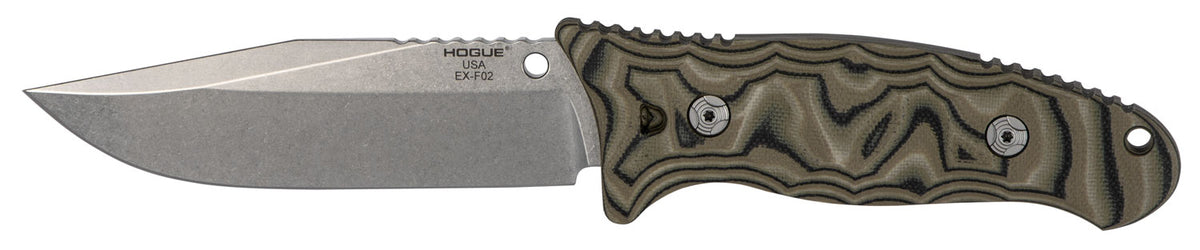 Hogue EX-F02 4.5" Fixed Clip Point Plain Tumble Polish Blade, G-Mascus Green G10 Handle with Lanyard Hole