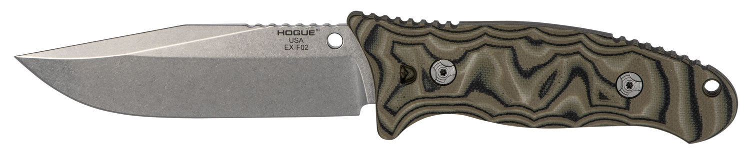 Hogue EX-F02 4.5" Fixed Clip Point Plain Tumble Polish Blade, G-Mascus Green G10 Handle with Lanyard Hole