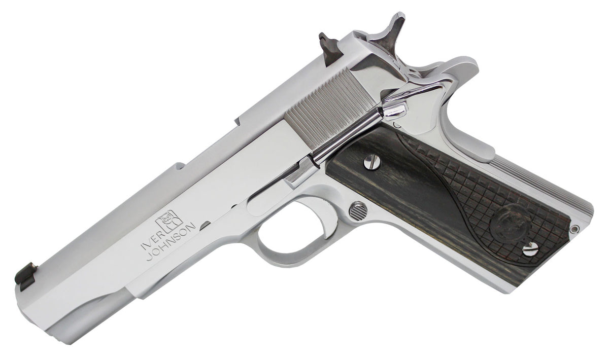 Iver Johnson Arms 1911CHRW 1911 A1 45 ACP 8+1 5" Stainless Steel Barrel, Bright Polish Chrome Serrated Steel Slide & Frame w/Beavertail, Black Diamondwood Grip