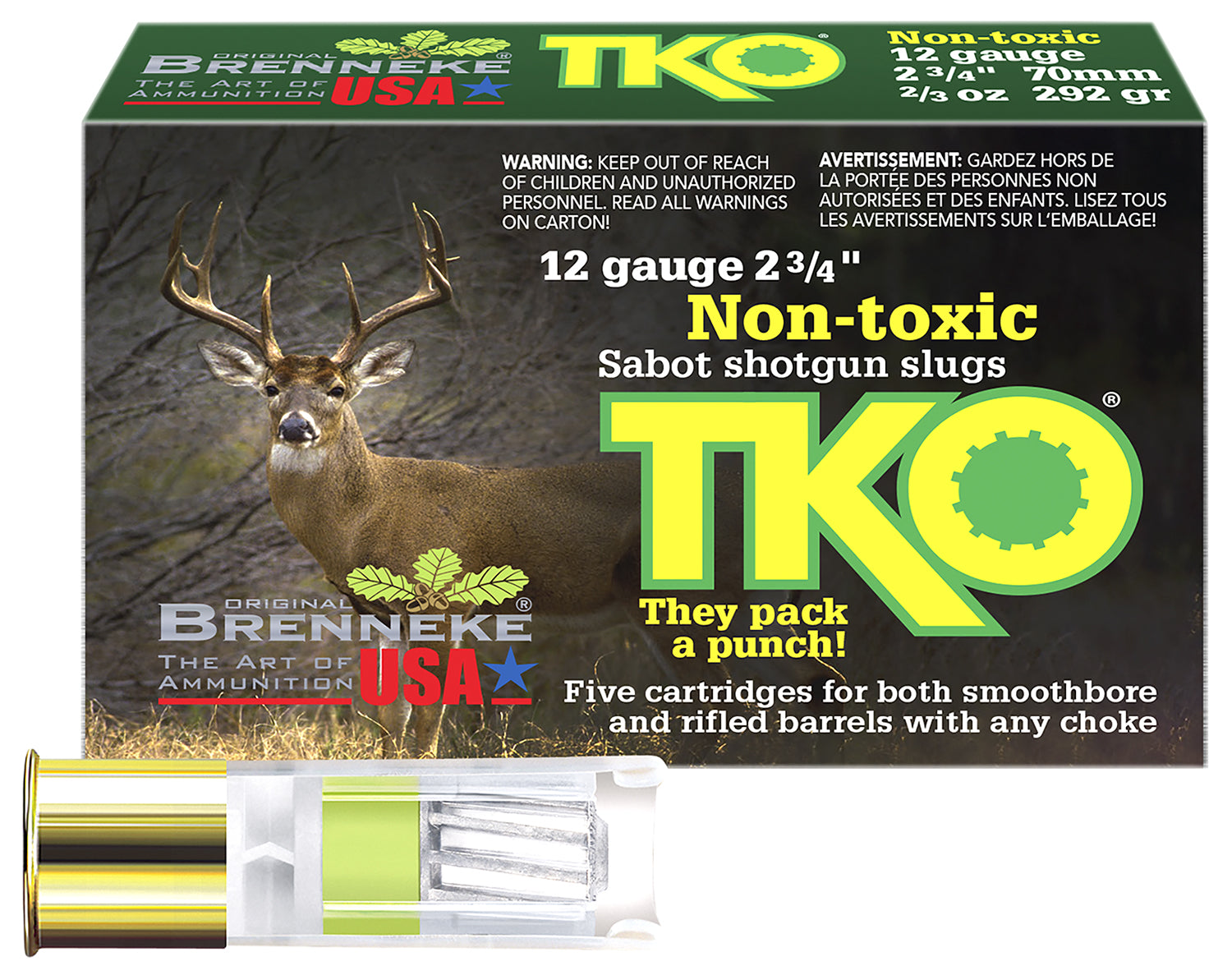 Brenneke 12 Gauge Shotgun Ammo Tin KnockOut Hunting 2.75 in 2/3 oz Slug