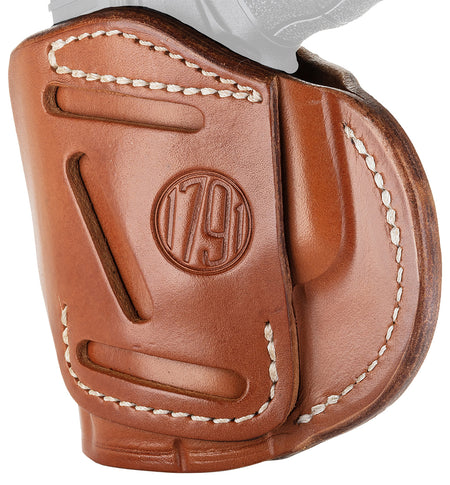 1791 Gunleather Size 04 Classic Brown Steerhide 4-Way Holster IWB/OWB Belt Clip - Glock 26 / Springfield XDS / S&W Shield Plus Right Hand