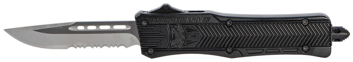 CobraTec SBCTK1SDS CTK-1 Small OTF Knife 2.75" Drop Point Partially Serrated D2 Blade Black Aluminum Handle Pocket Clip