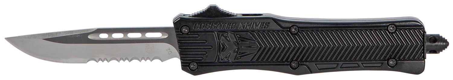 CobraTec SBCTK1SDS CTK-1 Small OTF Knife 2.75" Drop Point Partially Serrated D2 Blade Black Aluminum Handle Pocket Clip