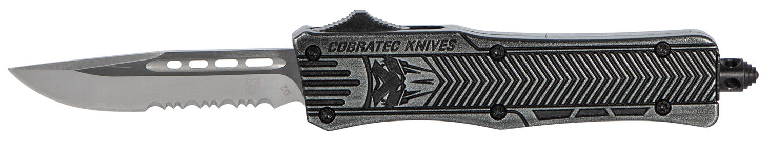 CobraTec SSWCTK1SDS CTK-1 Small OTF Knife 2.75" Partially Serrated D2 Blade Black Stonewashed Aluminum Handle Pocket Clip