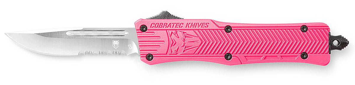 CobraTec CTK-1 Small OTF Drop Point Partially Serrated D2 Steel Pink Handle Glass Breaker Included