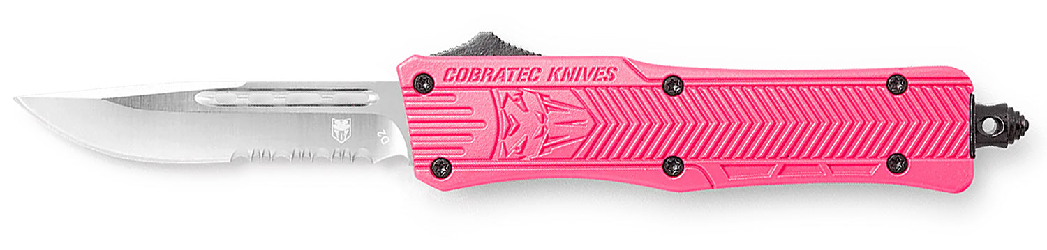 CobraTec CTK-1 Small OTF Drop Point Partially Serrated D2 Steel Pink Handle Glass Breaker Included