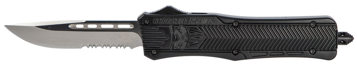 CobraTec CTK-1 Medium OTF Drop Point Partially Serrated D2 Black Handle Glass Breaker Included