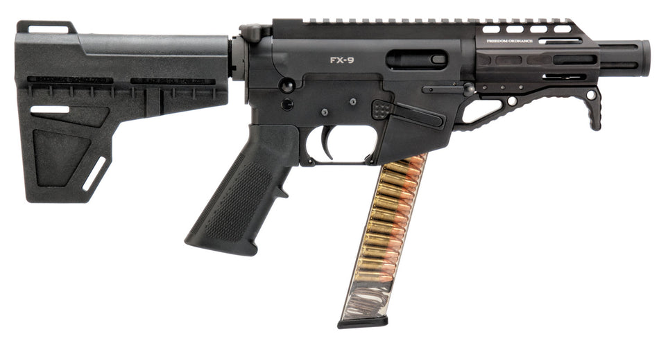 Freedom Ordnance FX9P4 FX-9 9mm Luger 31+1 4.50" Black Nitride Chromoly Steel Barrel Black Hard Coat Anodized Black KAK Shockwave Pistol Brace Black Polymer Grips Right Hand