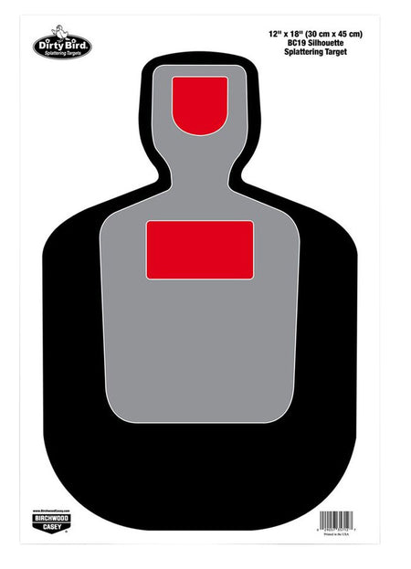 Birchwood Casey 35712 Dirty Bird BC-19 Pistol Silhouette Paper Target 12"x18" Black/Gray/Red White Splatter 100 Pk