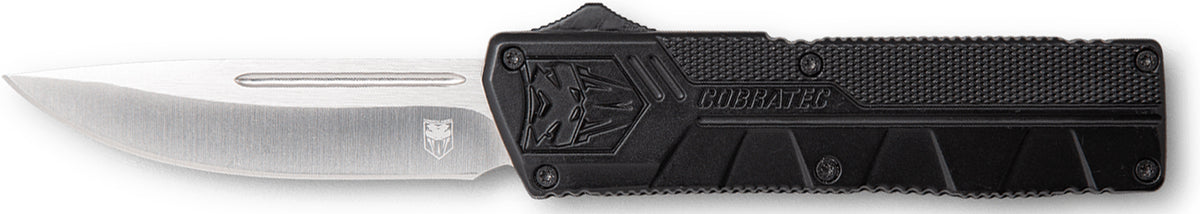 CobraTec Lightweight OTF Drop Point Plain D2 Steel Black Handle Nylon Sheath Included