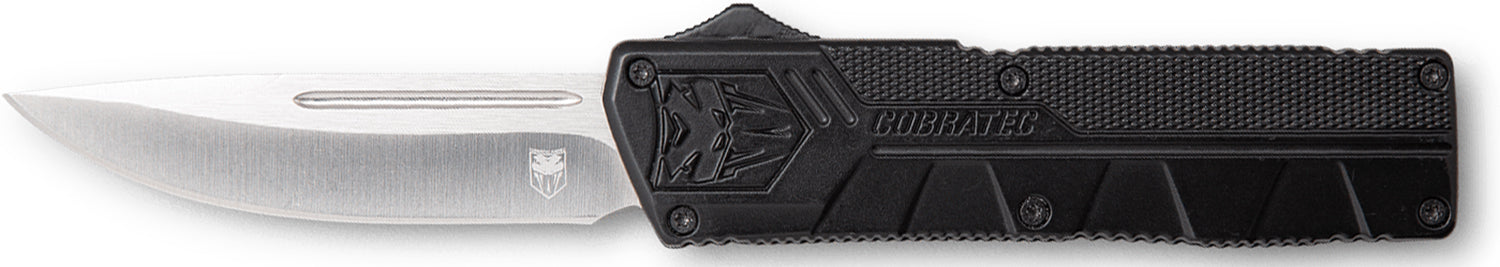 CobraTec Lightweight OTF Drop Point Plain D2 Steel Black Handle Nylon Sheath Included