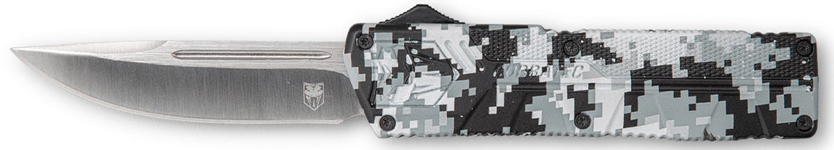 CobraTec Lightweight OTF Knife 3.25" Drop Point D2 Steel Winter Digi Camo Aluminum Handle Includes Pocket Clip