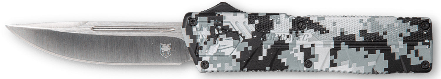 CobraTec Lightweight OTF Knife 3.25" Drop Point D2 Steel Winter Digi Camo Aluminum Handle Includes Pocket Clip