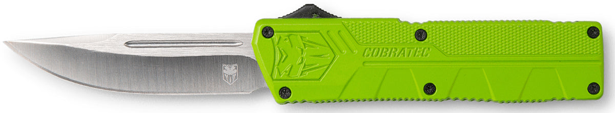 CobraTec Lightweight OTF Knife 3.25" Drop Point D2 Steel Zombie Green Aluminum Handle Includes Pocket Clip