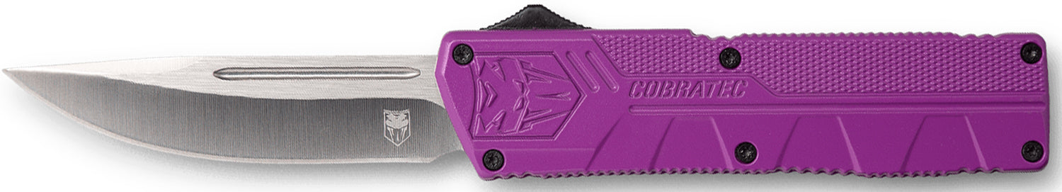 CobraTec Lightweight OTF Knife 3.25" Drop Point D2 Steel Purple Aluminum Handle Includes Pocket Clip