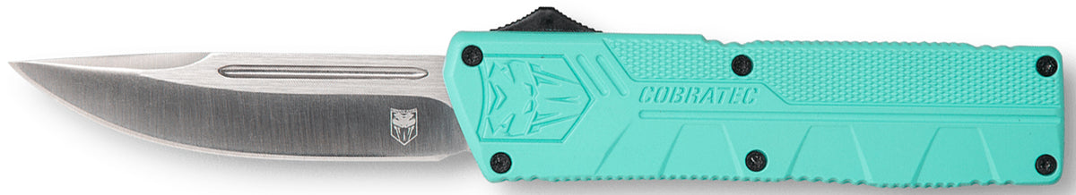CobraTec Lightweight OTF Knife 3.25" Drop Point D2 Steel Tiffany Blue Aluminum Handle Includes Pocket Clip
