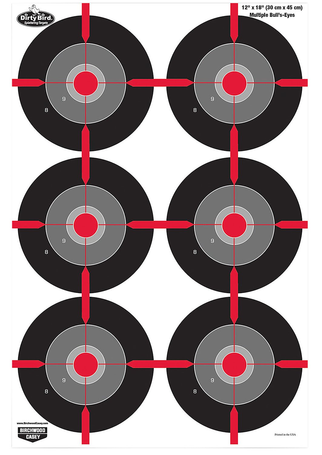 Birchwood Casey 35705 Dirty Bird Multiple Bullseye Paper Target Black/Red/Gray 12"x18" 8 Count
