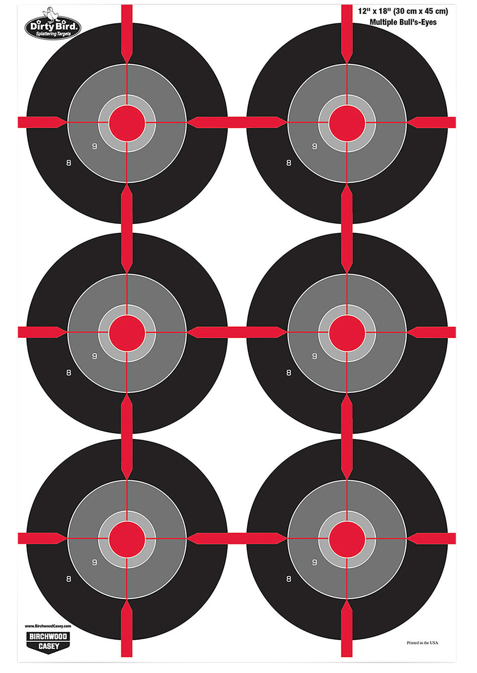 Birchwood Casey 35705 Dirty Bird Multiple Bullseye Paper Target Black/Red/Gray 12"x18" 8 Count