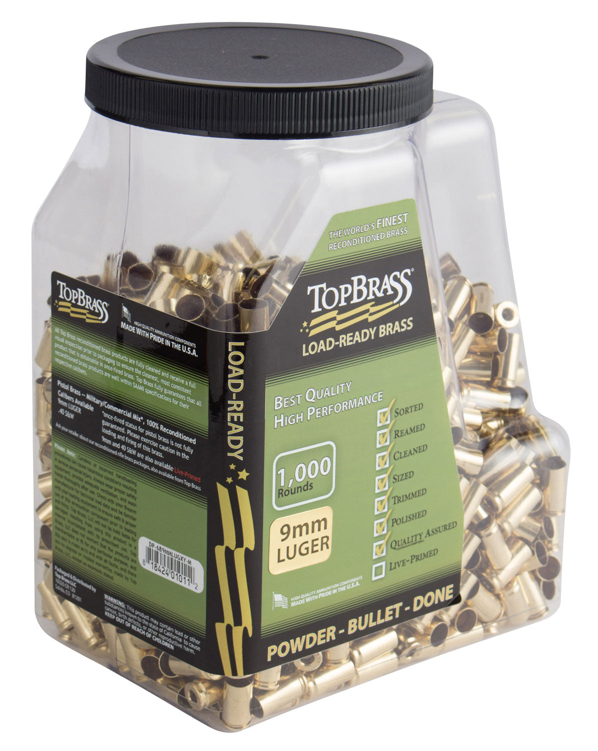 Top Brass 6B9MMLUGXYMJ Reconditioned Unprimed 9mm Luger Handgun Brass 1000-Count Jug