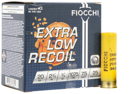 Fiocchi 20 Gauge Shotgun Ammo Exacta Target Low Recoil Trainer 2.75 in 3/4 oz #7.5