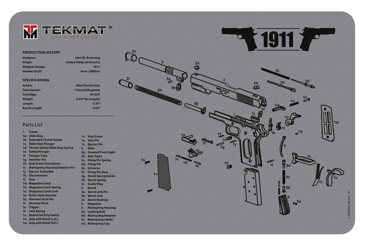 TekMat TEKR171911GY Gray Rubber 1911 Cleaning and Disassembly Mat