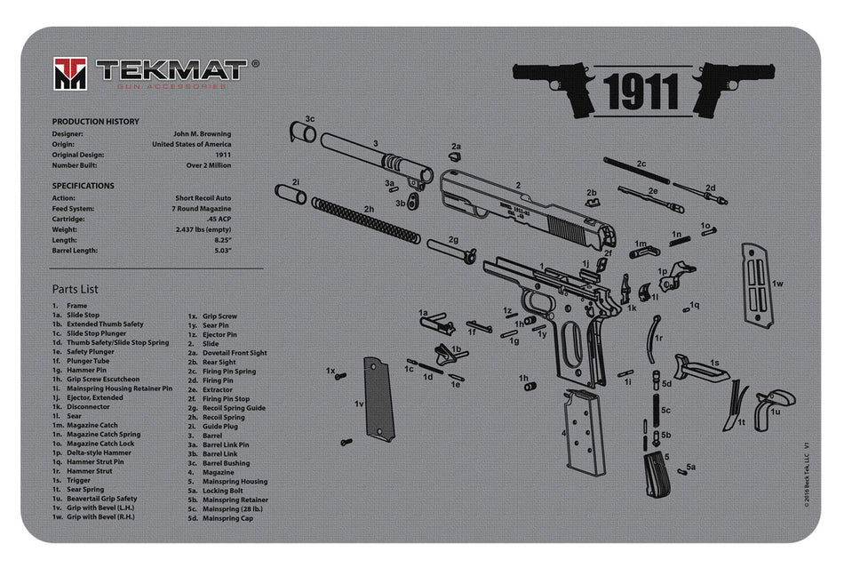 TekMat TEKR171911GY Gray Rubber 1911 Cleaning and Disassembly Mat