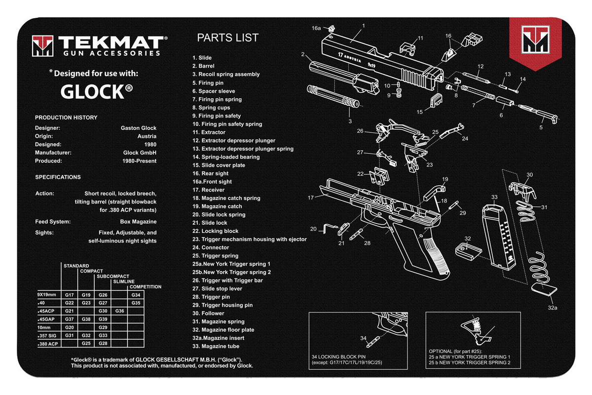 TekMat TEKR17GLOCK Black White Rubber Cleaning Mat Glock Diagram