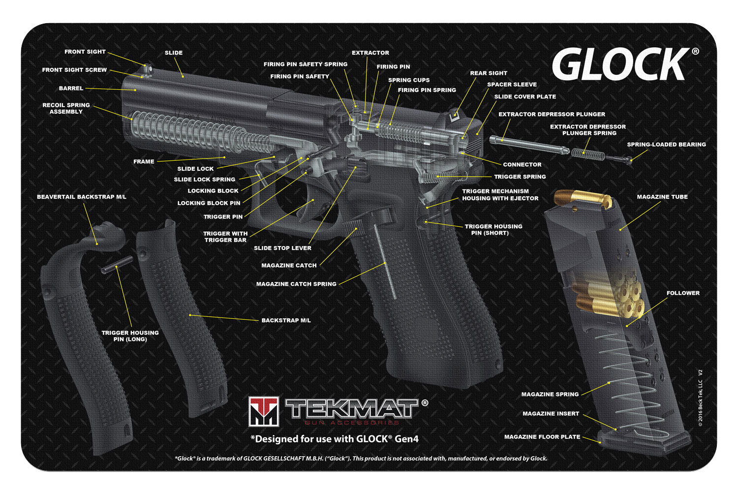 TekMat TEKR17GLOCKCA Multi-Color Rubber Cleaning Mat Glock Cutaway Design