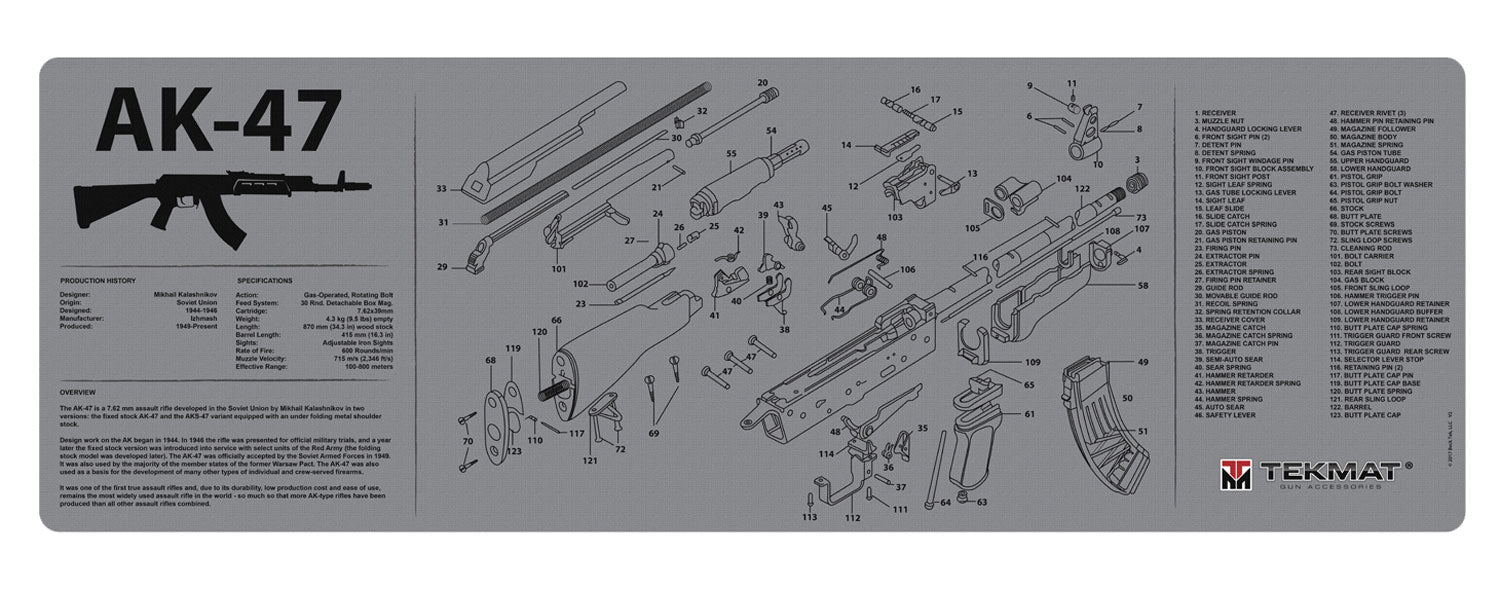 TekMat AK-47 Cleaning Mat with Parts Diagram 12"x36" Black/Gray