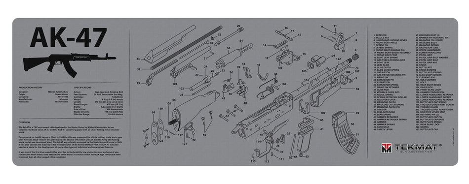 TekMat AK-47 Cleaning Mat with Parts Diagram 12"x36" Black/Gray