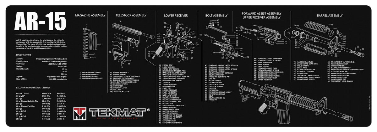TekMat AR-15 Cleaning Mat with Parts Diagram 12"x36" Black/White