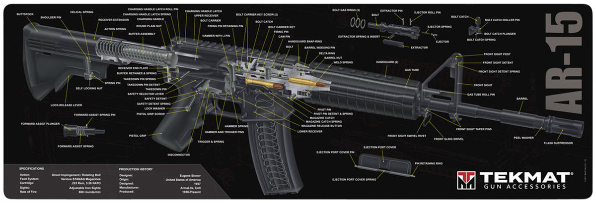 TekMat AR-15 Cleaning Mat with 3D Cutaway Illustration 12"x36" Black/White
