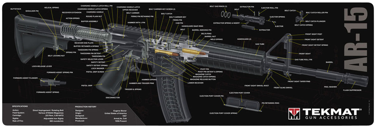 TekMat AR-15 Cleaning Mat with 3D Cutaway Illustration 12"x36" Black/White