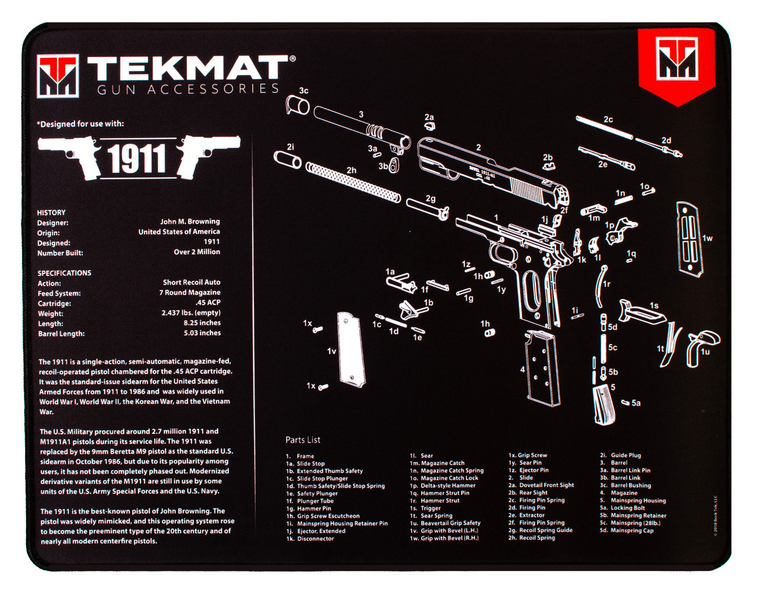 TekMat 1911 Cleaning Mat with Parts Diagram 15"x20" Black/White Ultra 20