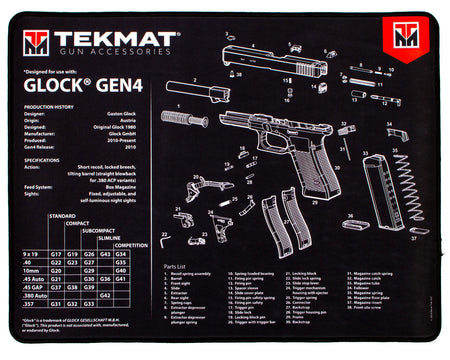 TekMat Glock Gen4 Cleaning Mat with Parts Diagram 15"x20" Black/White Ultra 20