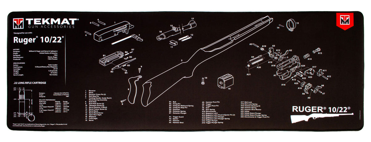 TekMat Ruger 10-22 Cleaning Mat with Parts Diagram 15"x44" Black/White Ultra 44